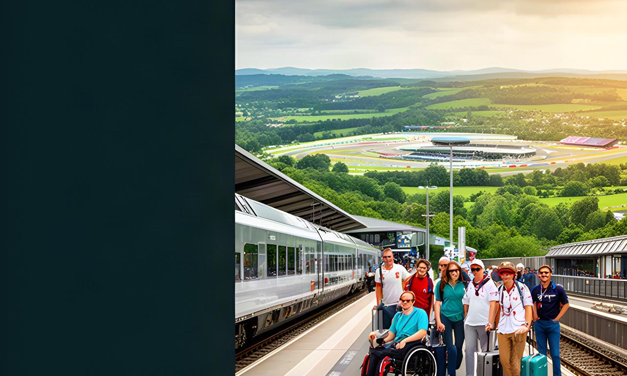 F1-fans bij een toegankelijk station naast een groen landschap op weg naar een Grand Prix