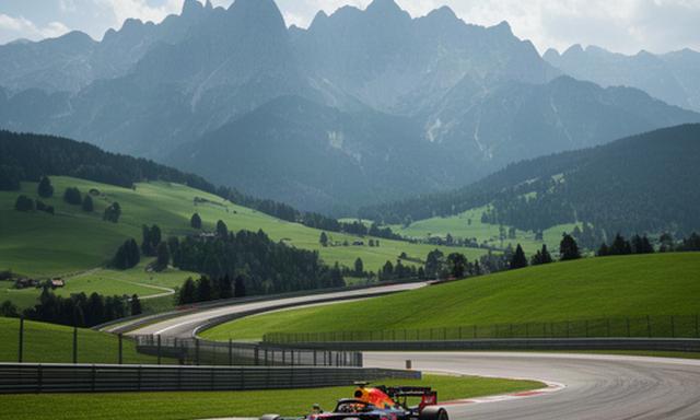 Formule 1-wagen op het Red Bull Ring-circuit tussen groene Oostenrijkse heuvels