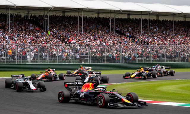 Racewagens op het Britse Silverstone-circuit met volle hoofdtribune op de achtergrond