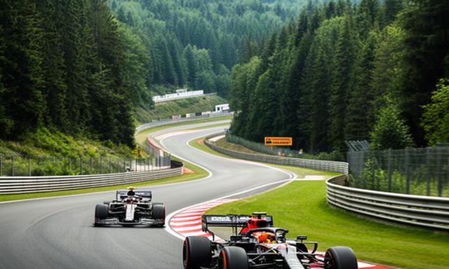 Formule 1-wagens door een groene bocht van Spa-Francorchamps in de Belgische Ardennen