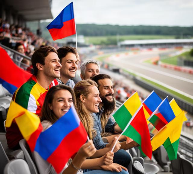 Vriendengroep met racevlaggen die samen naar de Formule 1 kijken vanaf een tribune