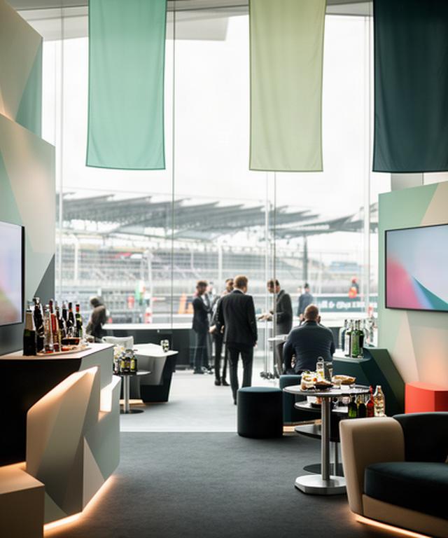 Merkpresentatie met bedrijfsvlaggen en digitale schermen in een Formule 1-hospitalityruimte