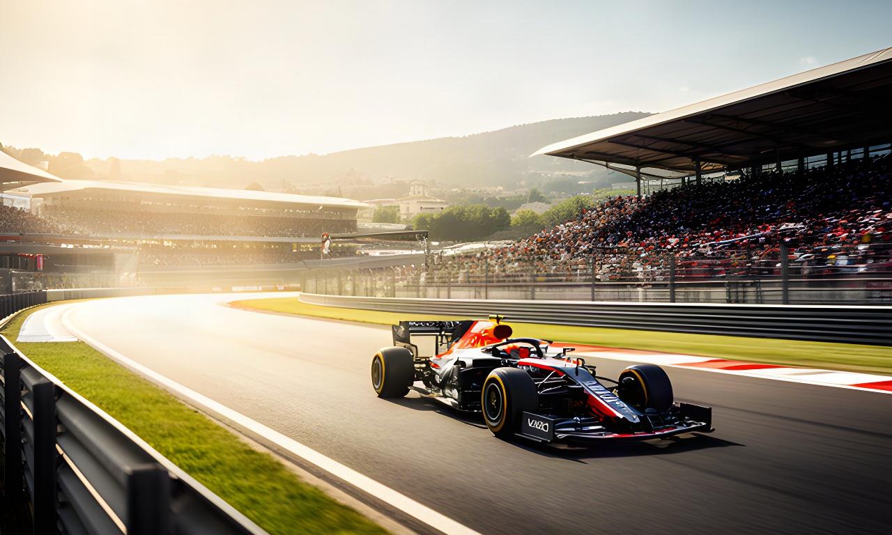 Formule 1-auto op een Europees circuit tijdens een zonnig raceweekend met tribunes langs de baan