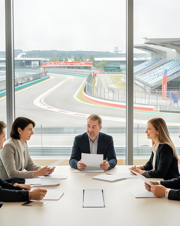 Zakelijke bijeenkomst in een lichte vergaderruimte met zicht op een Formule 1-circuit