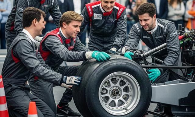 Bedrijfsteam voert een pitstop-challenge uit met banden en raceoveralls
