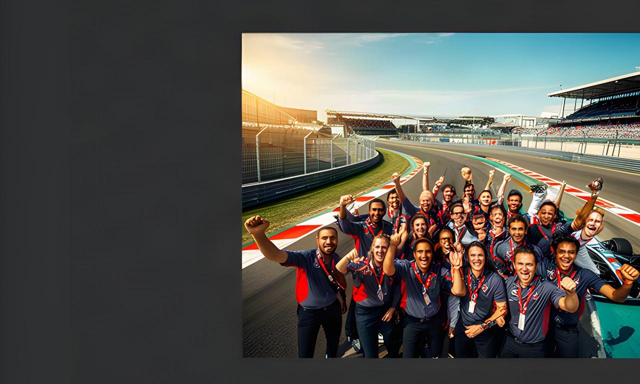 Enthousiast bedrijfsteam langs het circuit tijdens een zonnig Formule 1-weekend