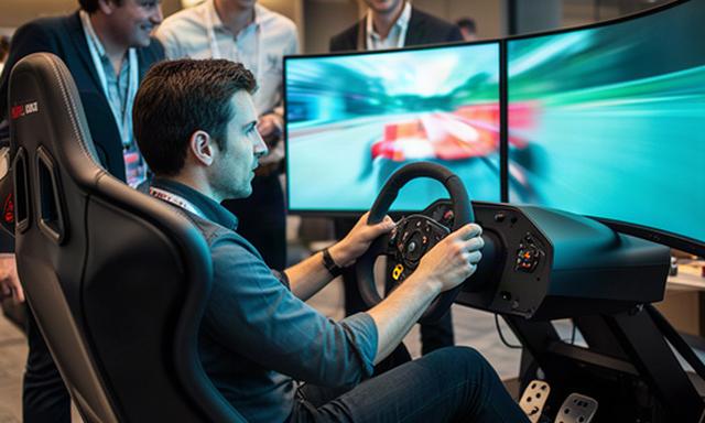 Collega bestuurt een Formule 1-simulator tijdens een zakelijke groepsactiviteit