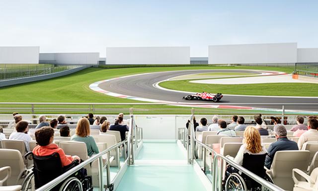 Toegankelijke circuittribune met brede doorgang en zicht op een Formule 1-bocht