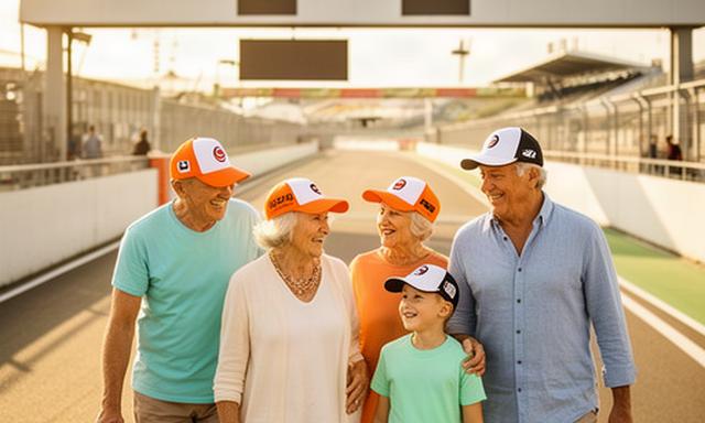 Gezin met racepetten bij een circuitingang tijdens een zonnig Zandvoort-weekend