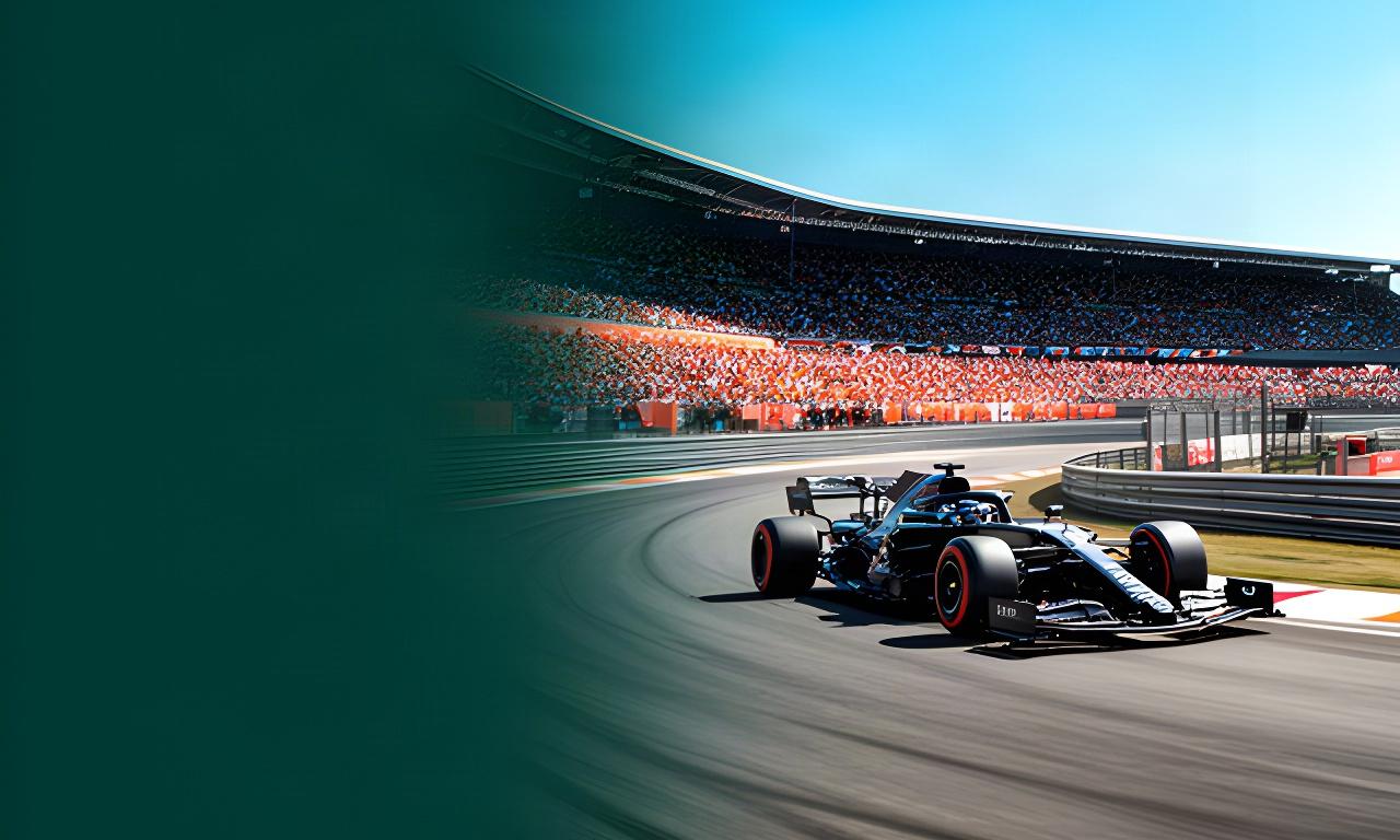 Formule 1-auto op een zonnig circuit met volle tribunes en scherpe bocht