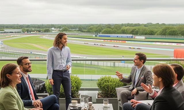 Zakelijk team in gesprek op een terras met uitzicht op het circuit van Silverstone