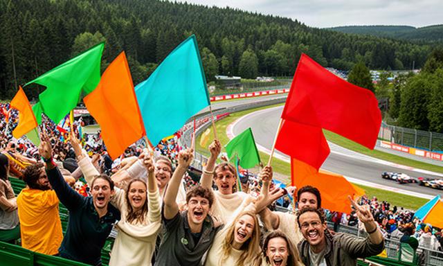 Vriendengroep met vlaggen op een groene tribune bij het circuit van Spa-Francorchamps