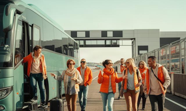 Reizigers stappen enthousiast uit een touringcar bij een Europees Formule 1-circuit