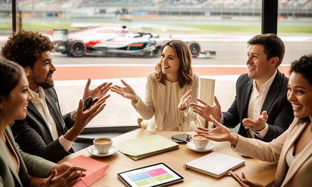 Collega's bespreken een Formule 1-programma aan een tafel bij het circuit