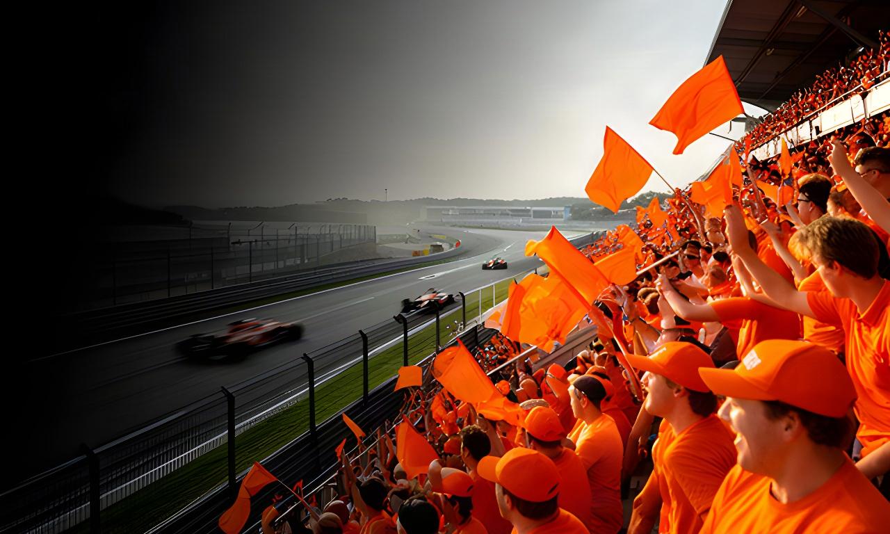 Oranje gekleurde tribune met Nederlandse Formule 1-fans tijdens een spannende race op Circuit Zandvoort