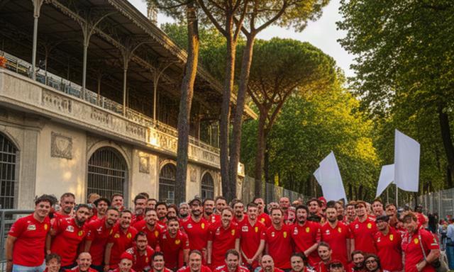 Supportersgroep in rode kleding bij de historische tribune van Monza in Italië
