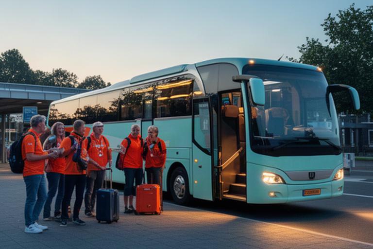 Moderne touringcar met Formule 1-reizigers bij een opstapplaats in Arnhem in de vroege ochtend