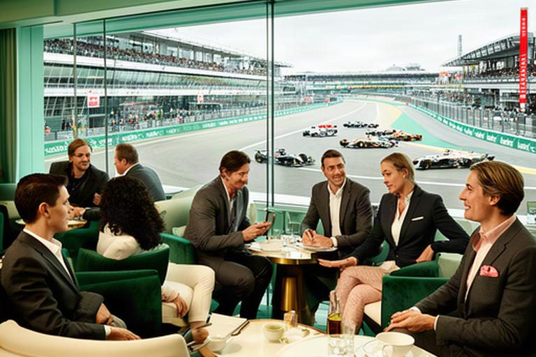 Gasten in een elegante Paddock Club-lounge met panoramisch uitzicht op pitstraat en startopstelling