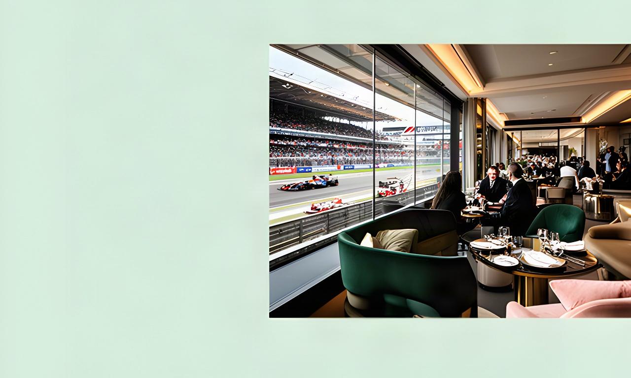 Stijlvolle Paddock Club-lounge met zicht op de pitstraat tijdens een Europese Formule 1-race