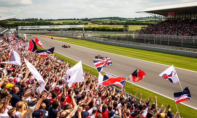 Grote groep Formule 1-supporters langs het circuit van Silverstone tijdens een Britse Grand Prix