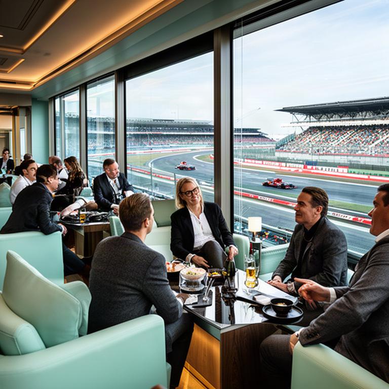Zakelijke gasten in een stijlvolle Formule 1-skybox met uitzicht op het circuit