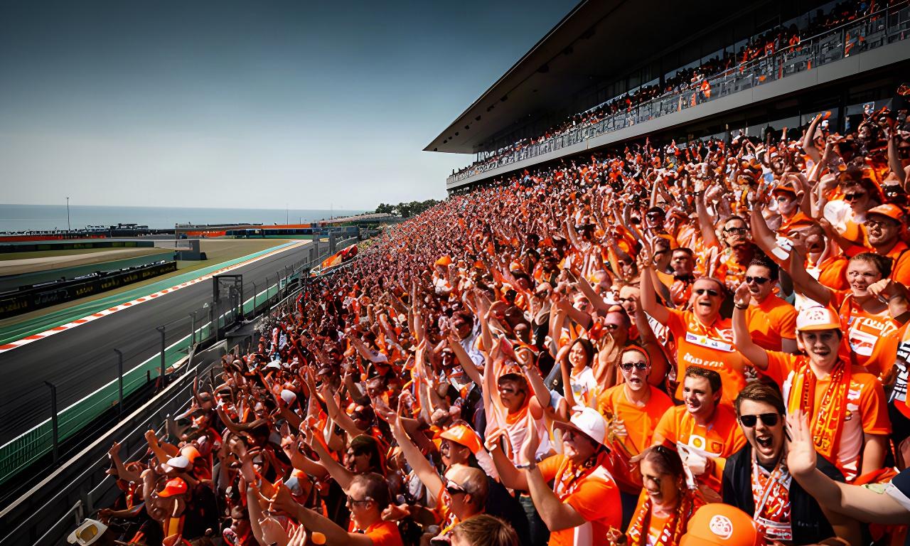 Oranje Formule 1-fans op een volle tribune van Circuit Zandvoort tijdens de Nederlandse Grand Prix